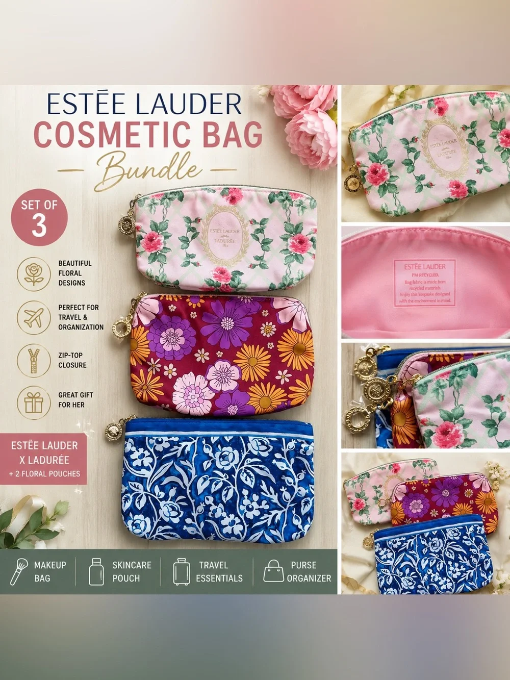 Estée Lauder Cosmetic Bag Bundle x Ladurée Floral Makeup Pouches Travel Case Set